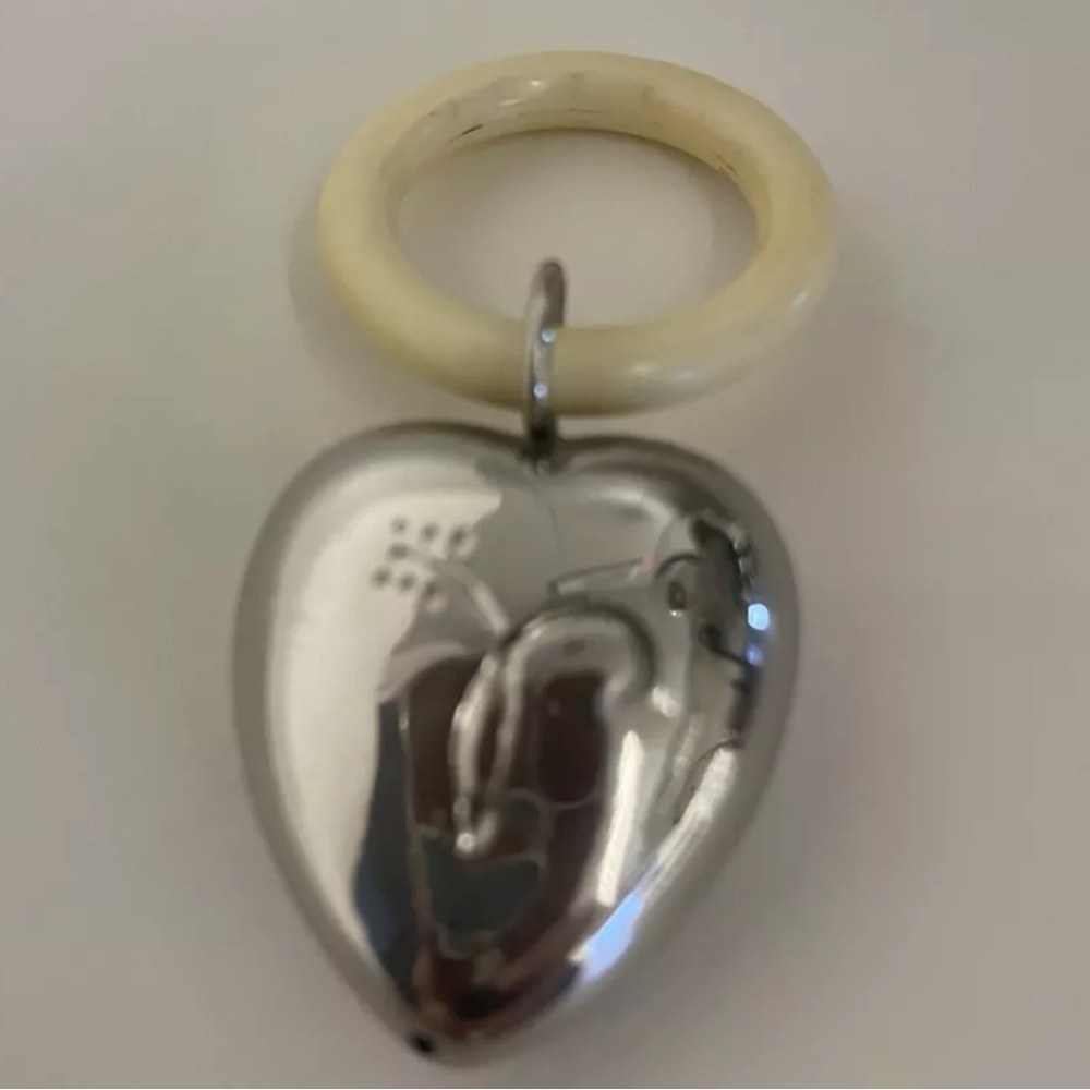 VINTAGE SILVER PLATE BABY RATTLE WITH PLASTIC TEETHING RING HEART SHAPED